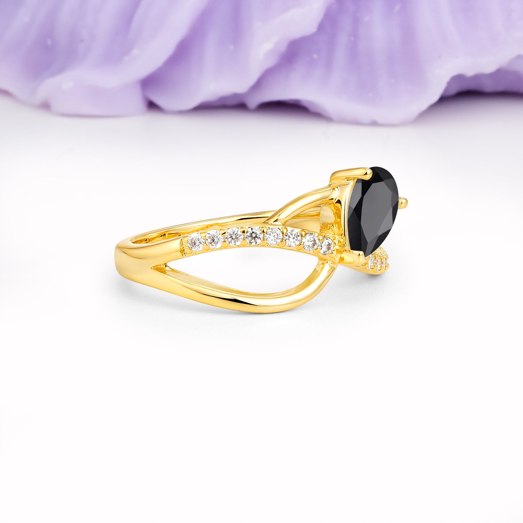 Classic Twisted 3-Prong Pear Cut Black Onyx Engagement Ring - Additional view