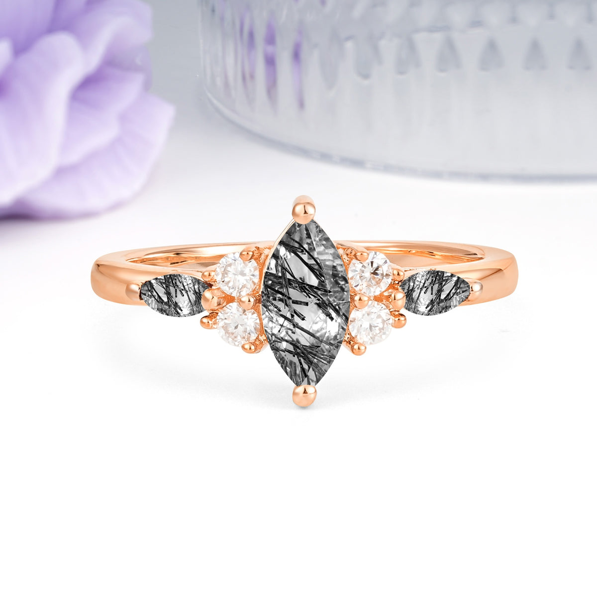 Luxurious 2-Prong Marquise Cut Black Rutilated Quartz Engagement Ring - Additional view