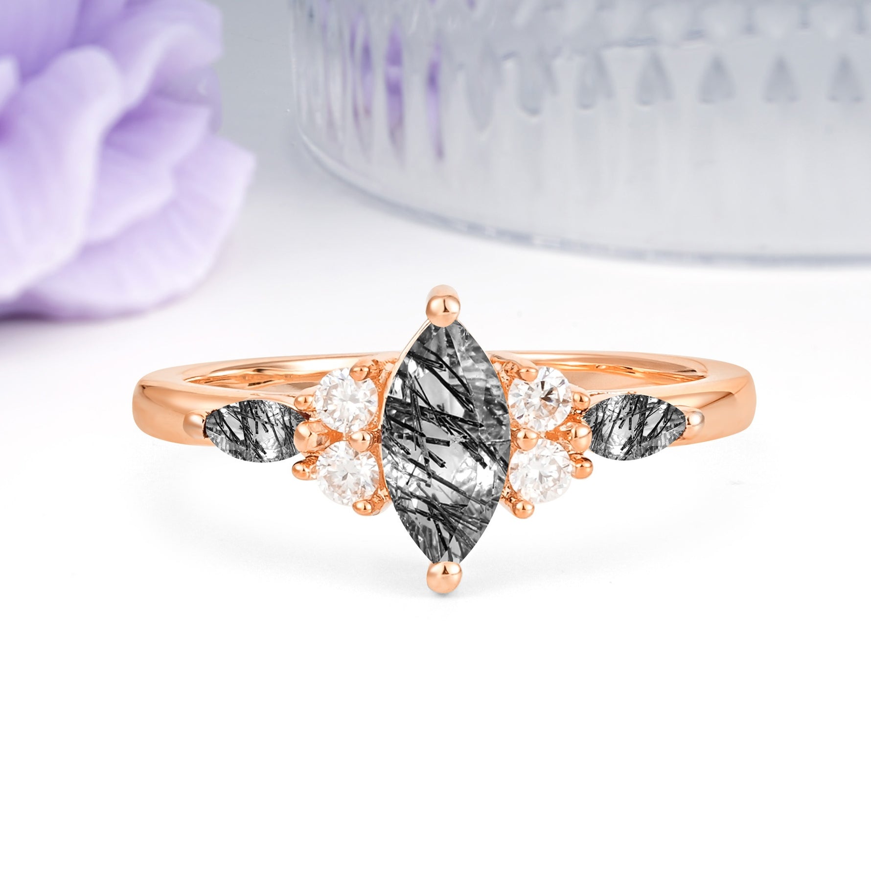 Luxurious 2-Prong Marquise Cut Black Rutilated Quartz Engagement Ring - Additional view