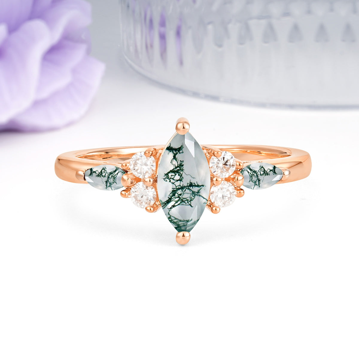 Luxurious 2-Prong Marquise Cut Moss Agate Engagement Ring - Additional view