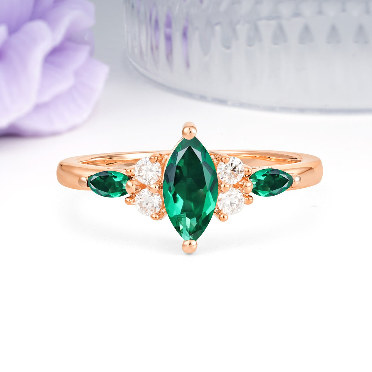 Luxurious 2-Prong Marquise Cut Emerald Engagement Ring - Additional view