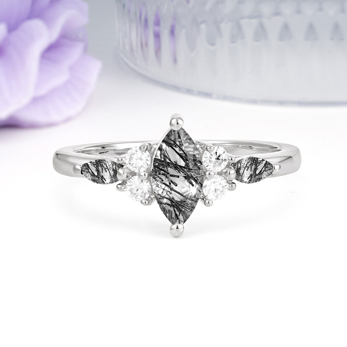 Luxurious 2-Prong Marquise Cut Black Rutilated Quartz Engagement Ring - Additional view