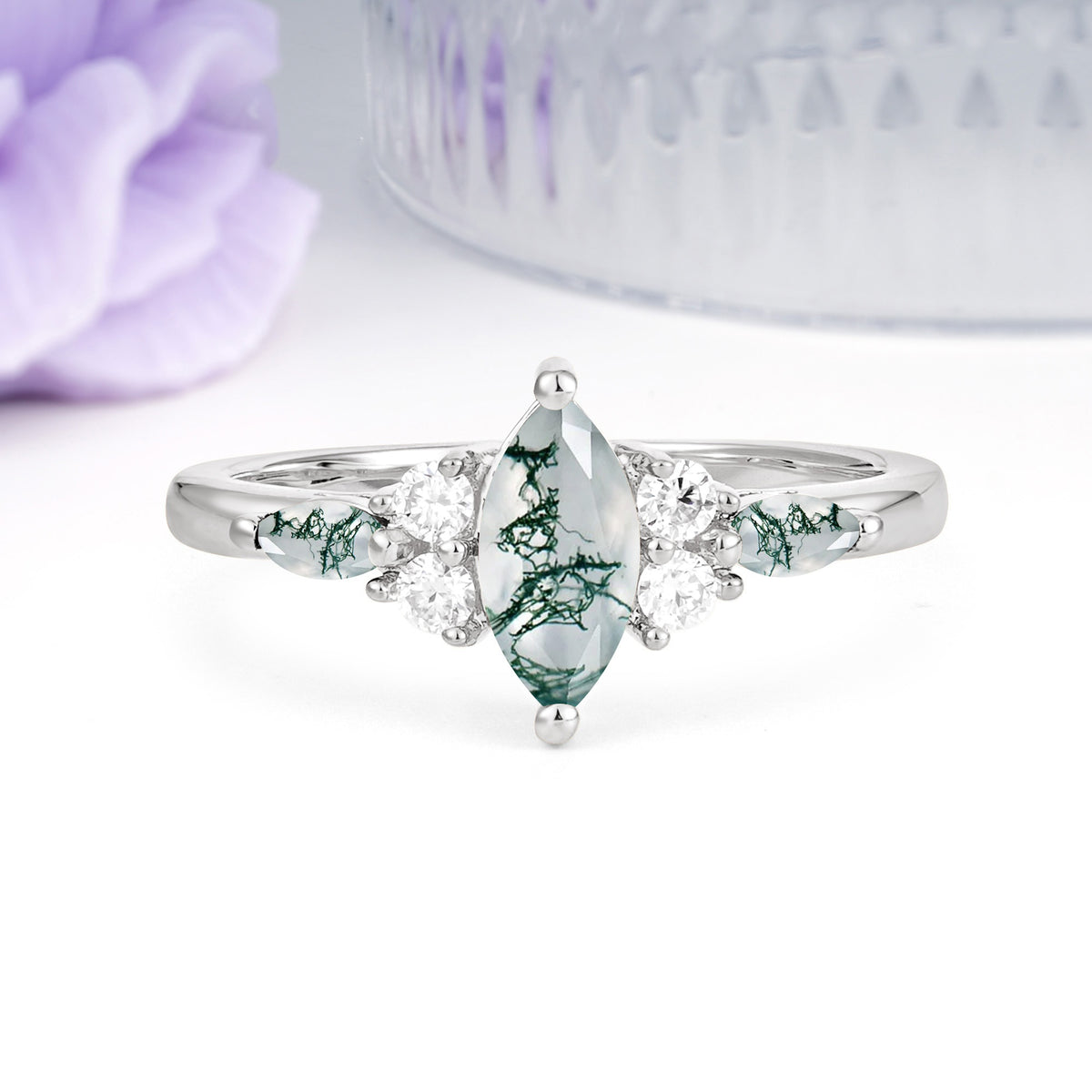 Luxurious 2-Prong Marquise Cut Moss Agate Engagement Ring - Additional view