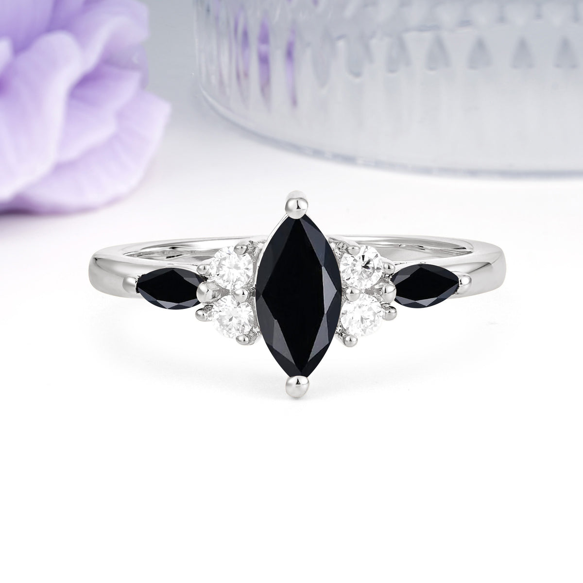 Luxurious 2-Prong Marquise Cut Black Onyx Engagement Ring - Additional view
