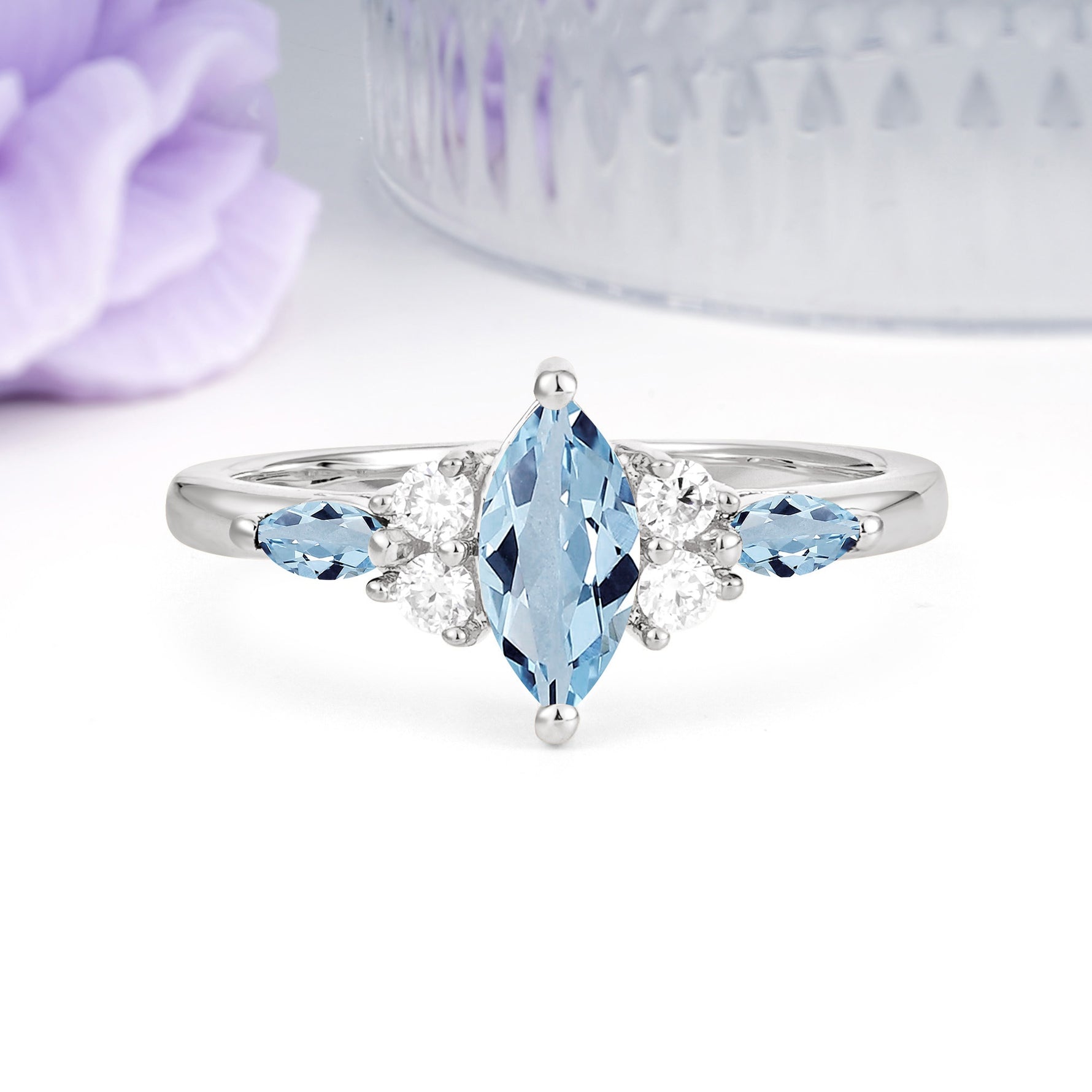 Luxurious 2-Prong Marquise Cut Aquamarine Engagement Ring - Additional view