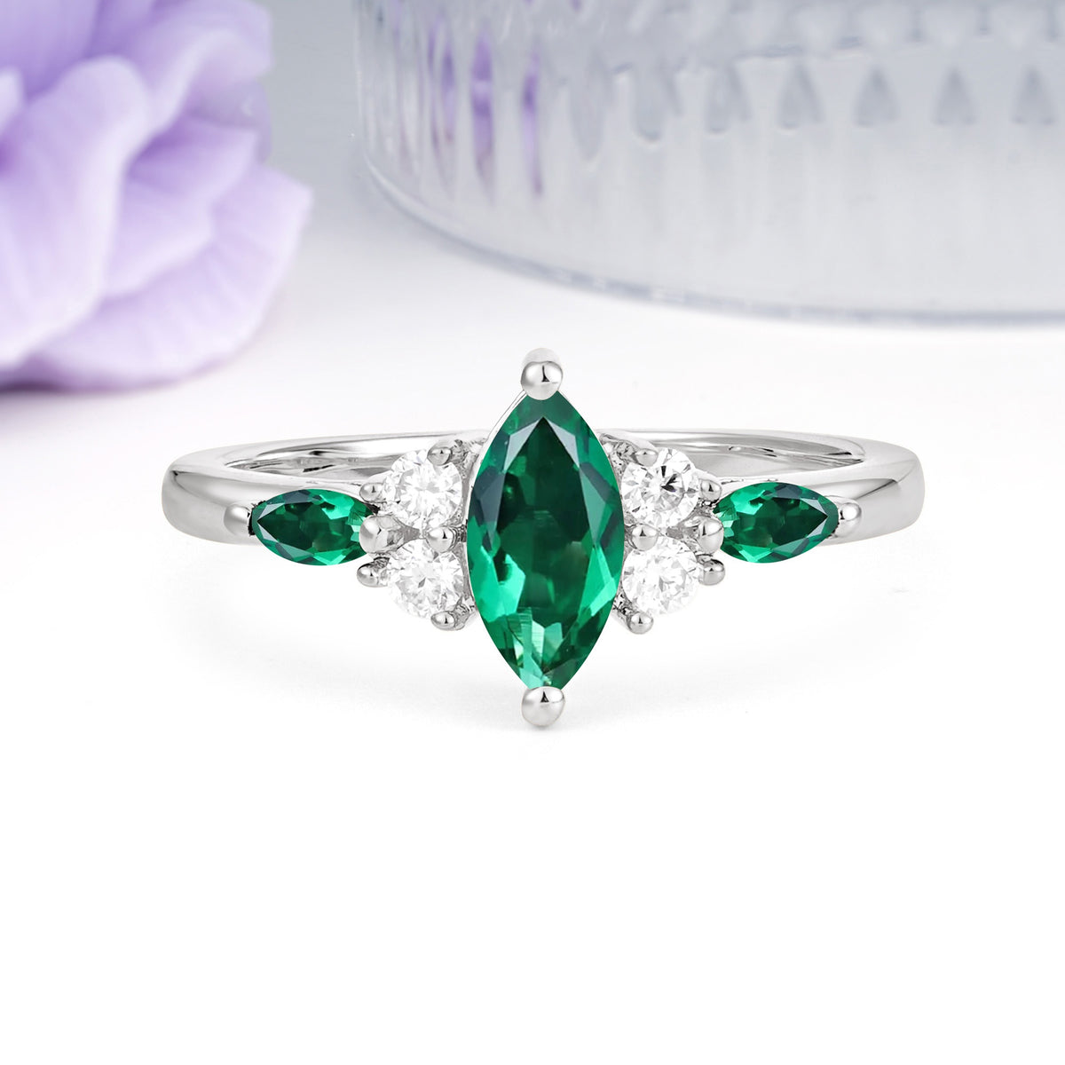 Luxurious 2-Prong Marquise Cut Emerald Engagement Ring - Additional view