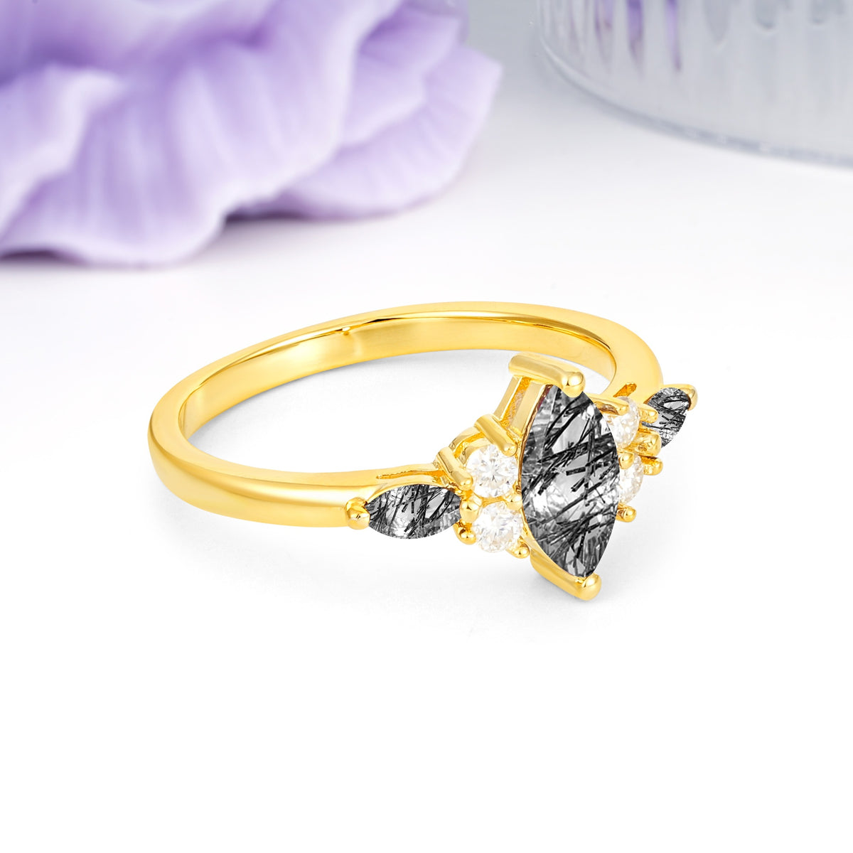 Luxurious 2-Prong Marquise Cut Black Rutilated Quartz Engagement Ring - Additional view