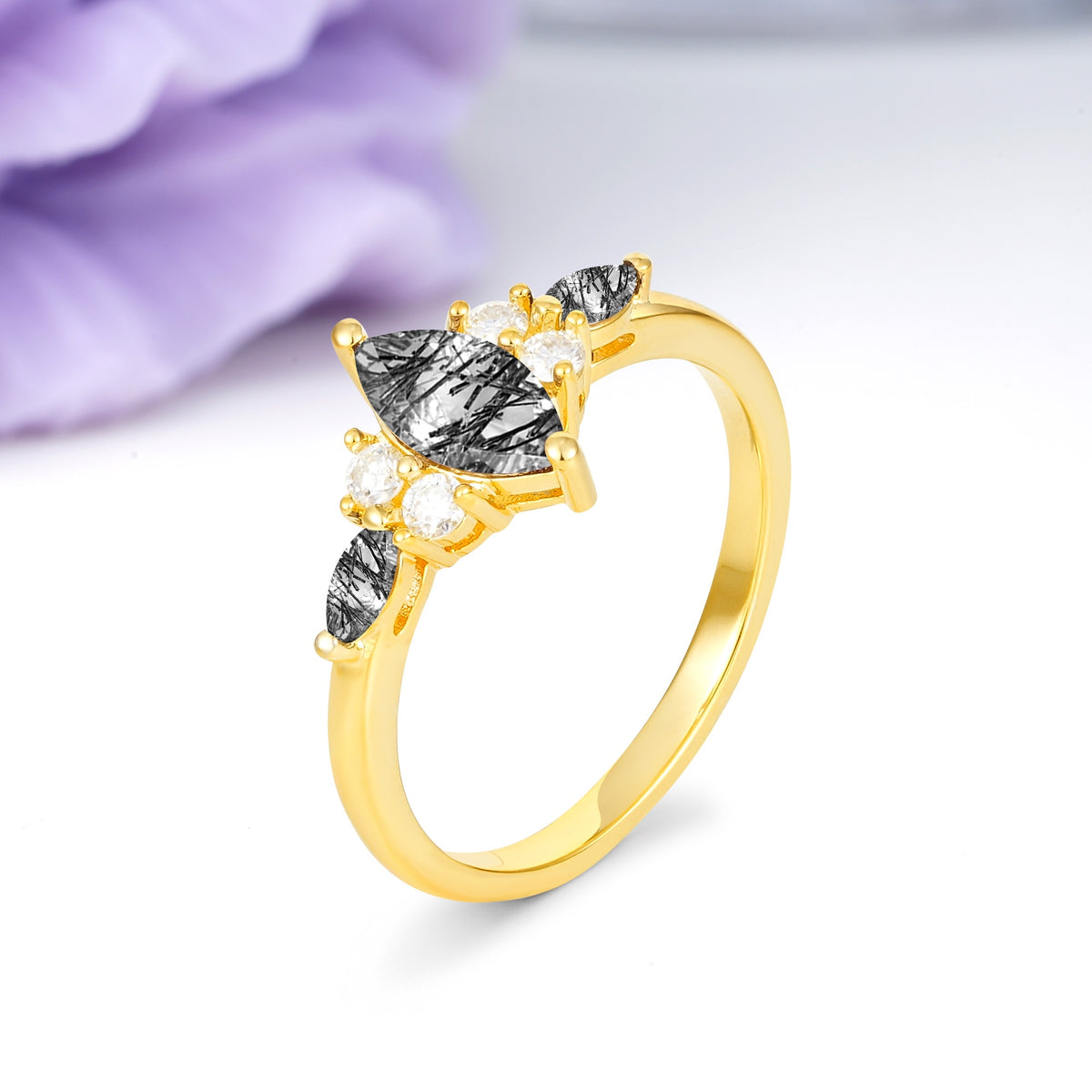 Luxurious 2-Prong Marquise Cut Black Rutilated Quartz Engagement Ring - Additional view