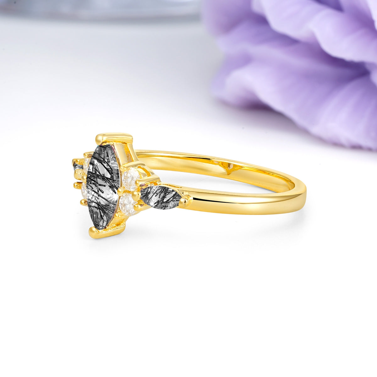 Luxurious 2-Prong Marquise Cut Black Rutilated Quartz Engagement Ring - Additional view