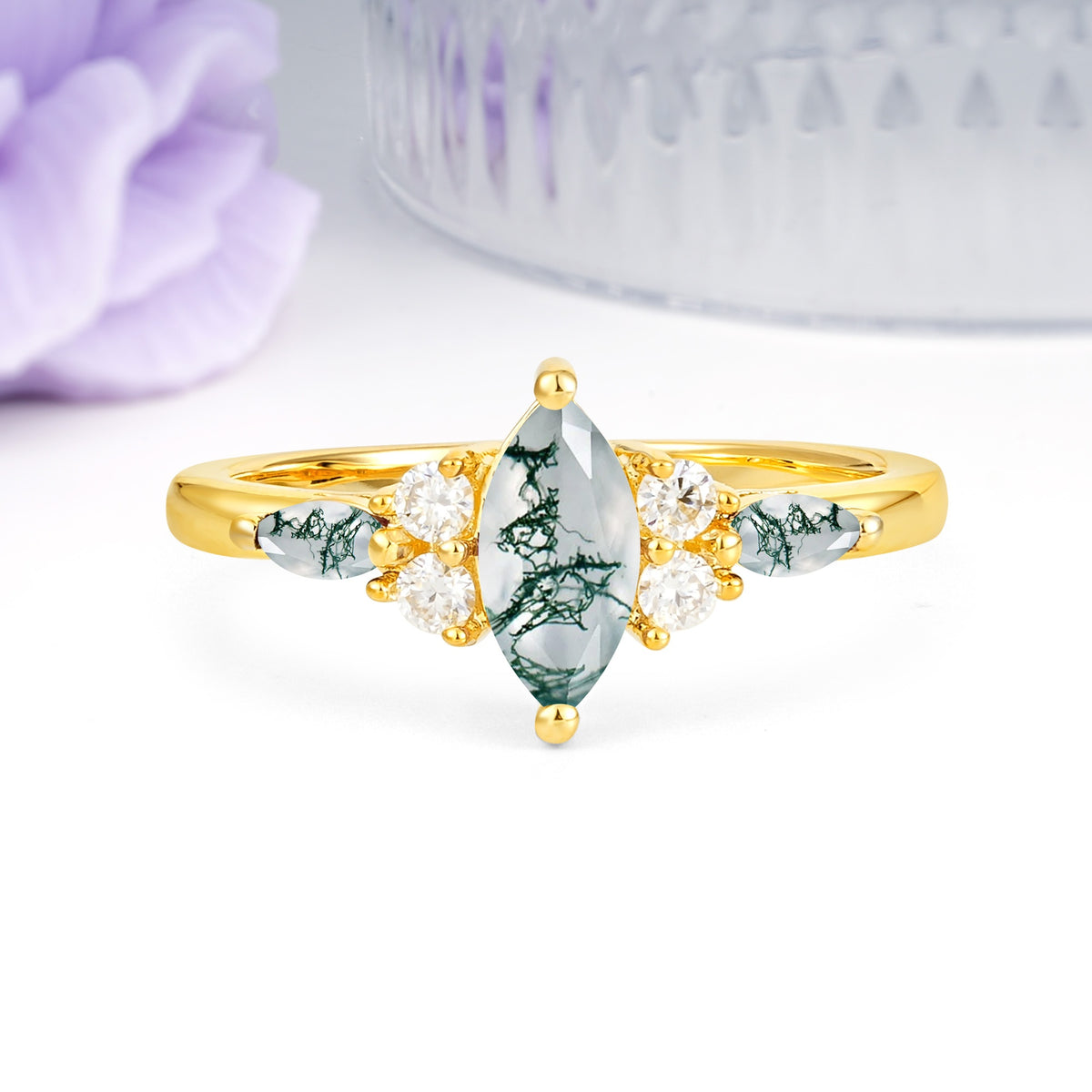 Luxurious 2-Prong Marquise Cut Moss Agate Engagement Ring - Additional view