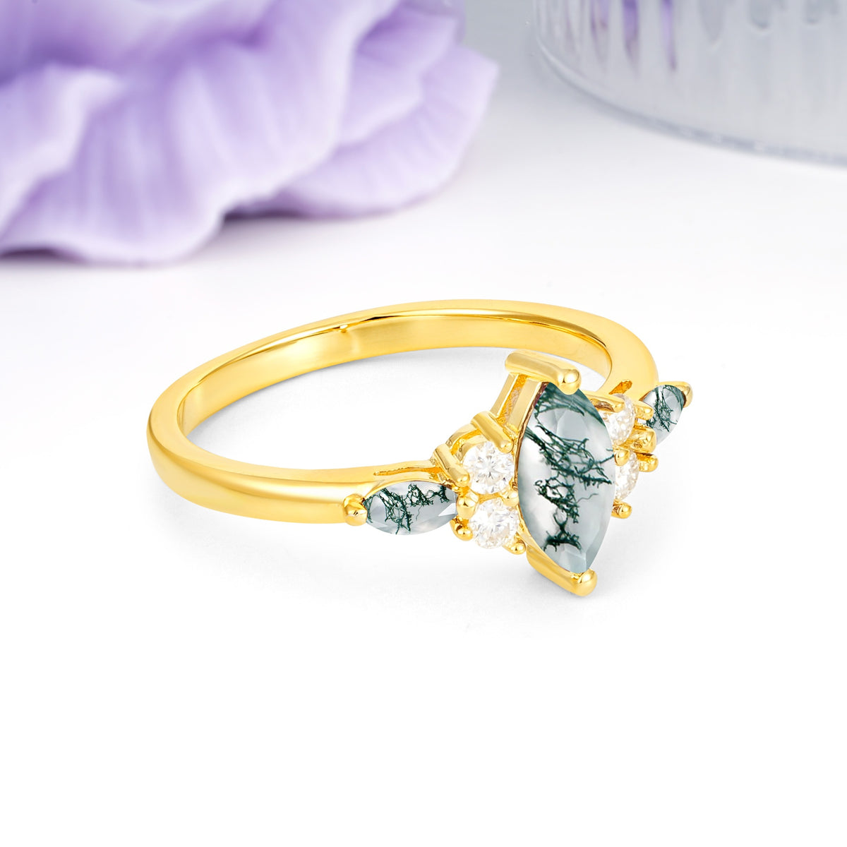 Luxurious 2-Prong Marquise Cut Moss Agate Engagement Ring - Additional view