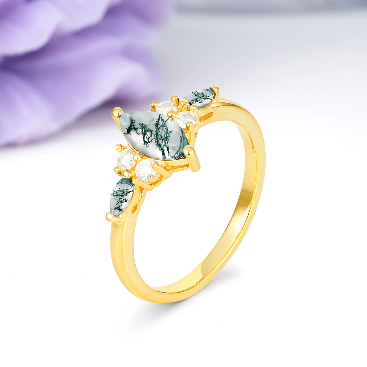 Luxurious 2-Prong Marquise Cut Moss Agate Engagement Ring - Additional view