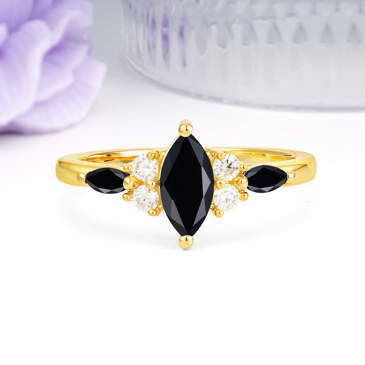 Luxurious 2-Prong Marquise Cut Black Onyx Engagement Ring - Additional view