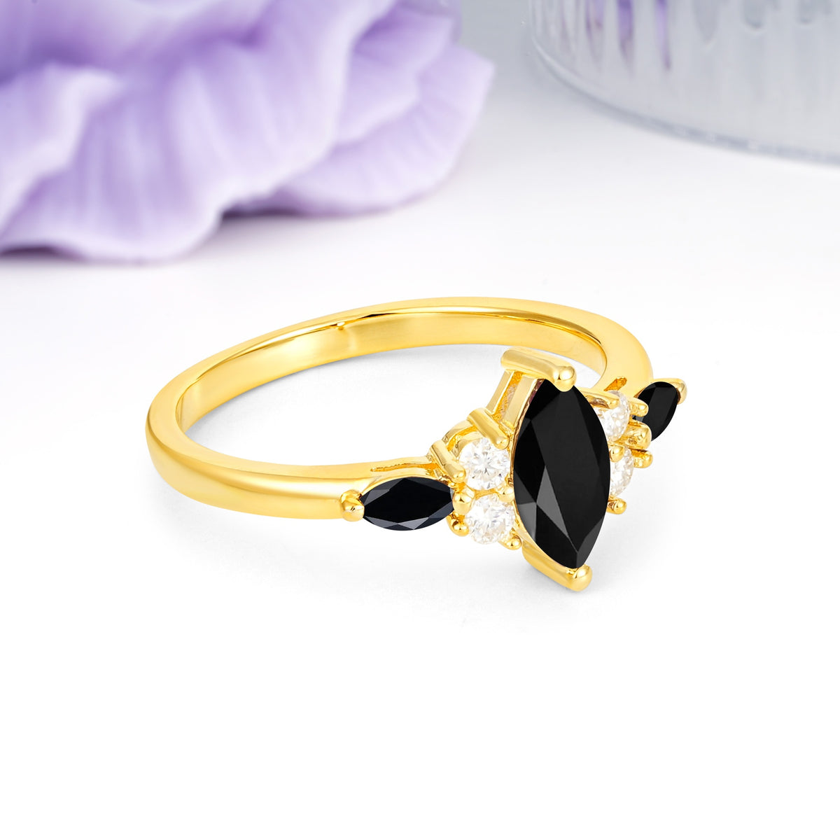 Luxurious 2-Prong Marquise Cut Black Onyx Engagement Ring - Additional view