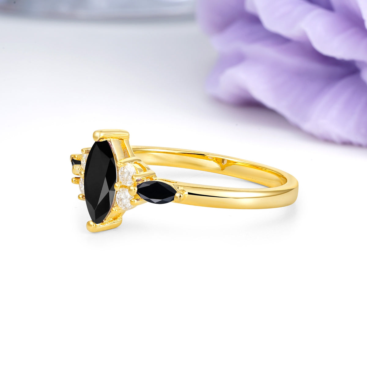 Luxurious 2-Prong Marquise Cut Black Onyx Engagement Ring - Additional view