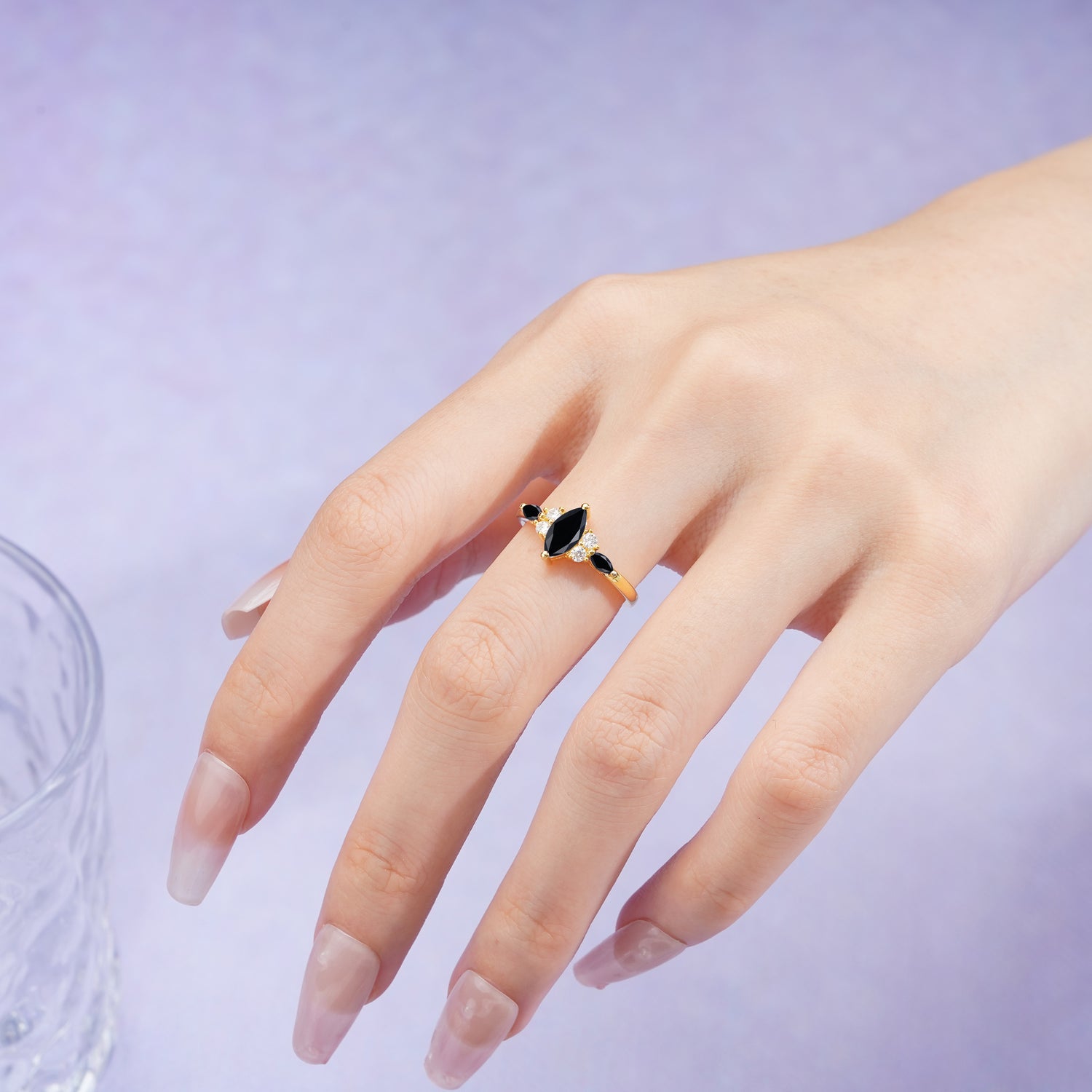 Luxurious 2-Prong Marquise Cut Black Onyx Engagement Ring