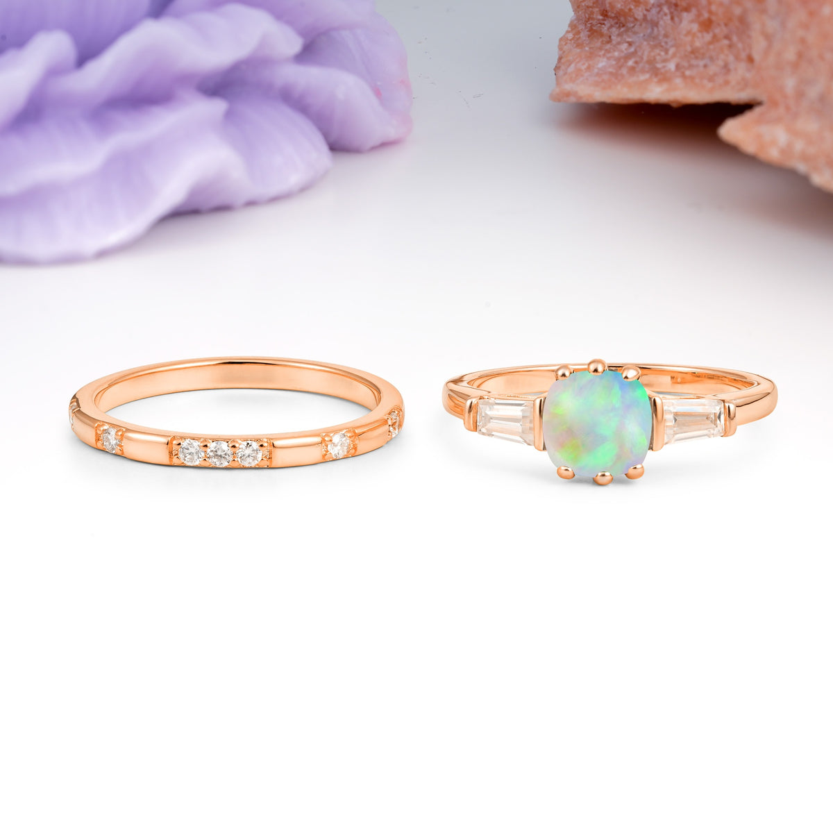 Luxurious & Minimalist 6-Prong Princess-Cut Fire Opal Bridal Ring Set - Additional view