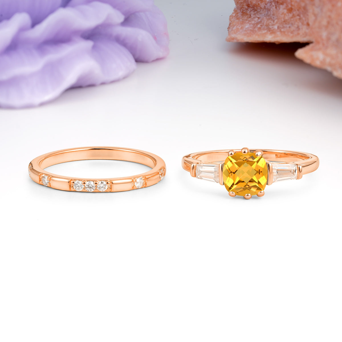 Luxurious & Minimalist 6-Prong Princess-Cut Citrine Bridal Ring Set - Additional view