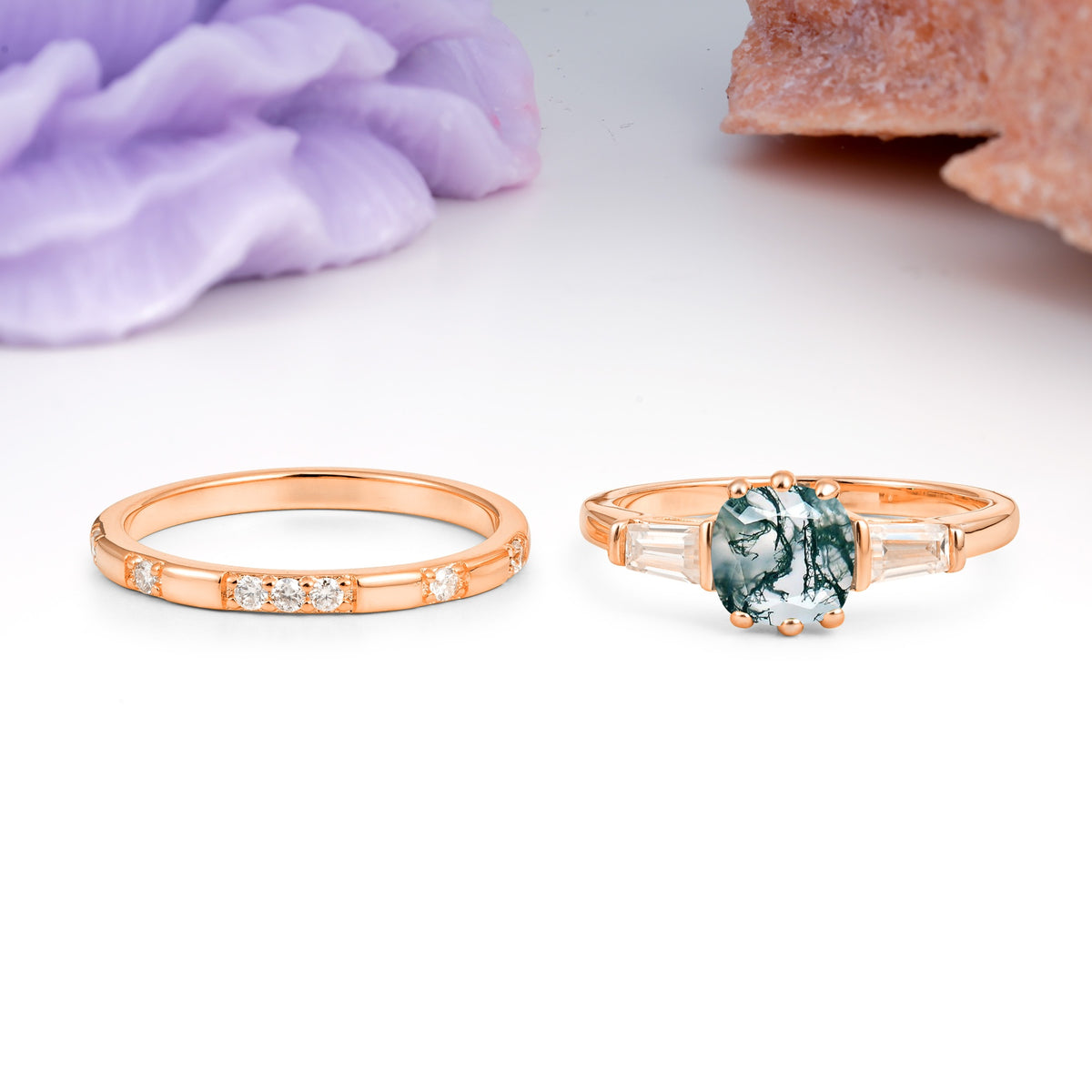 Luxurious & Minimalist 6-Prong Princess-Cut Moss Agate Bridal Ring Set - Additional view