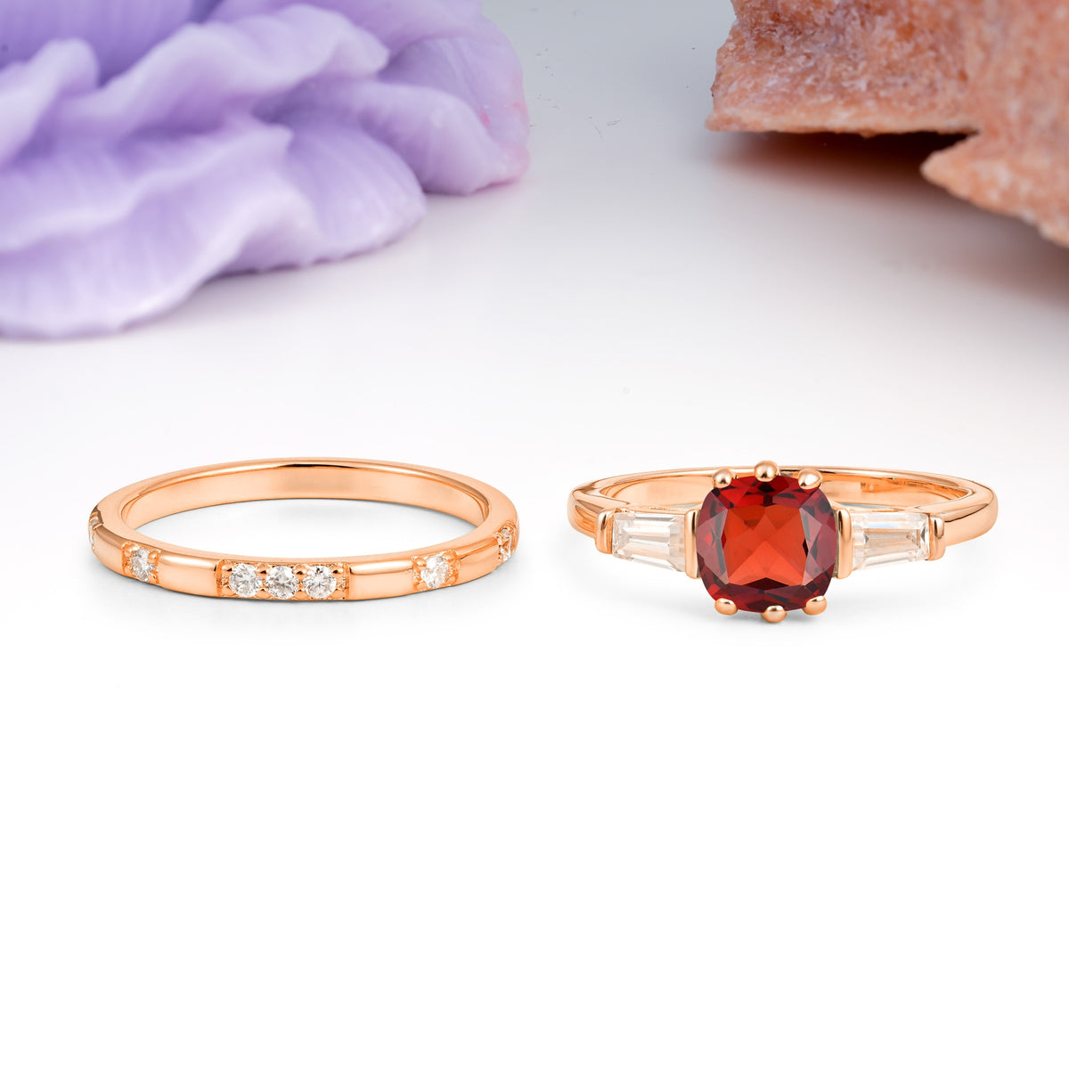 Luxurious & Minimalist 6-Prong Princess-Cut Garnet Bridal Ring Set - Additional view