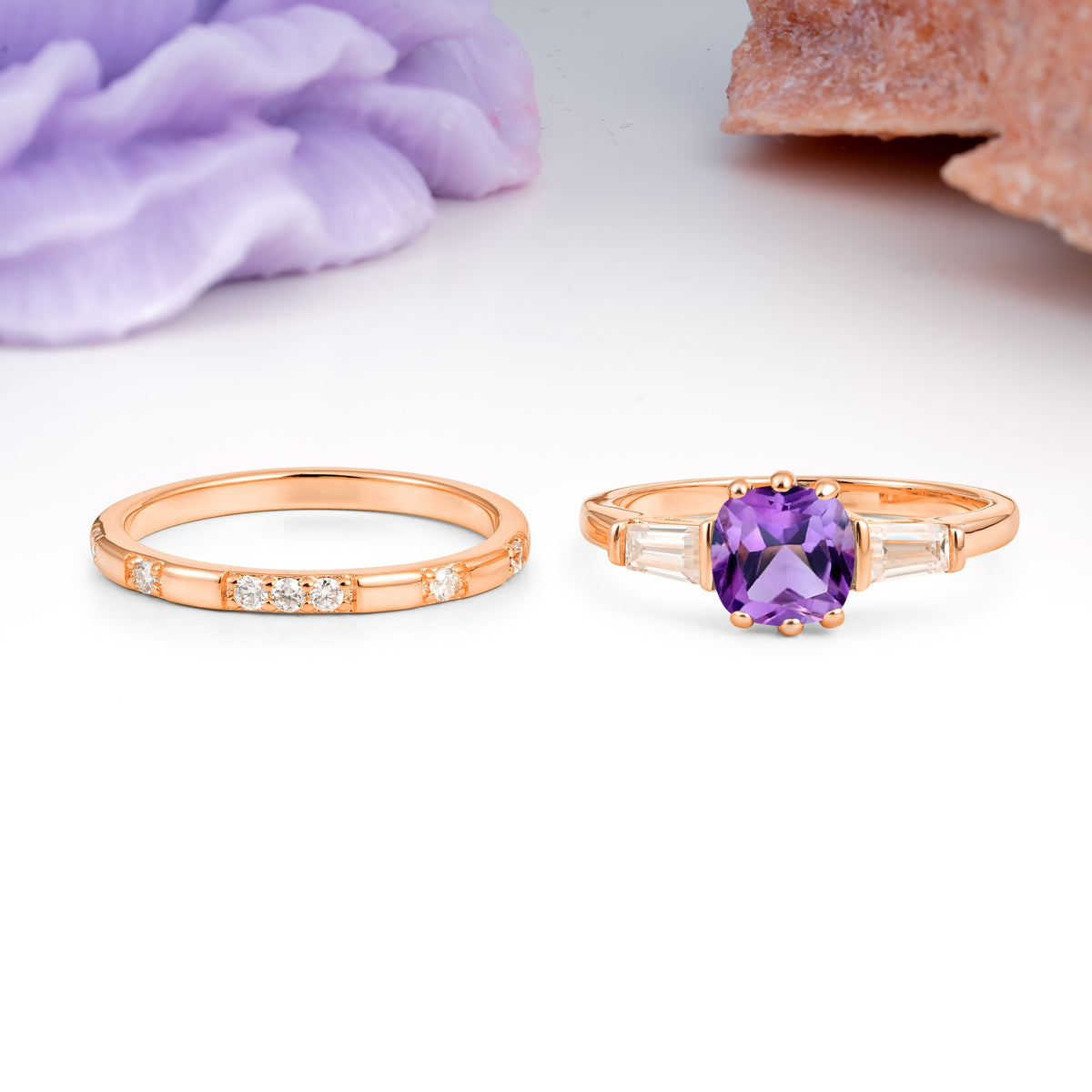 Luxurious & Minimalist 6-Prong Princess-Cut Amethyst Bridal Ring Set - Additional view