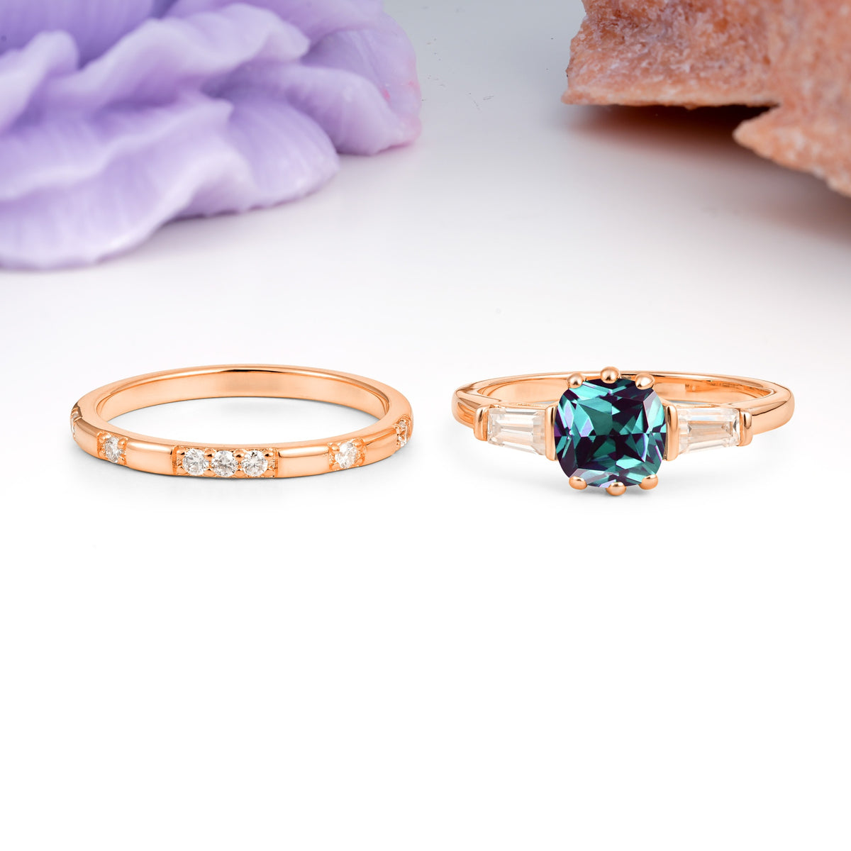 Luxurious & Minimalist 6-Prong Princess-Cut Alexandrite Bridal Ring Set - Additional view