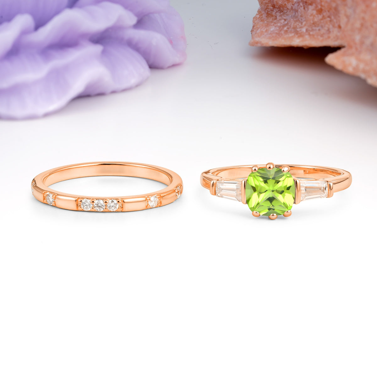 Luxurious & Minimalist 6-Prong Princess-Cut Peridot Bridal Ring Set - Additional view