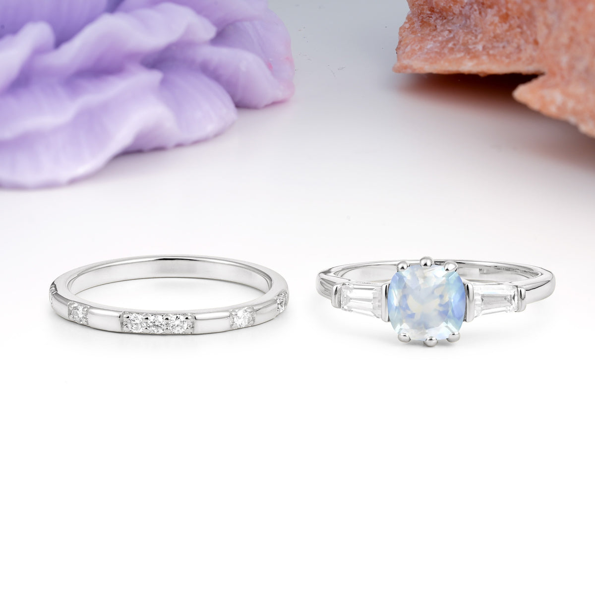 Luxurious & Minimalist 6-Prong Princess-Cut Moonstone Bridal Ring Set - Additional view