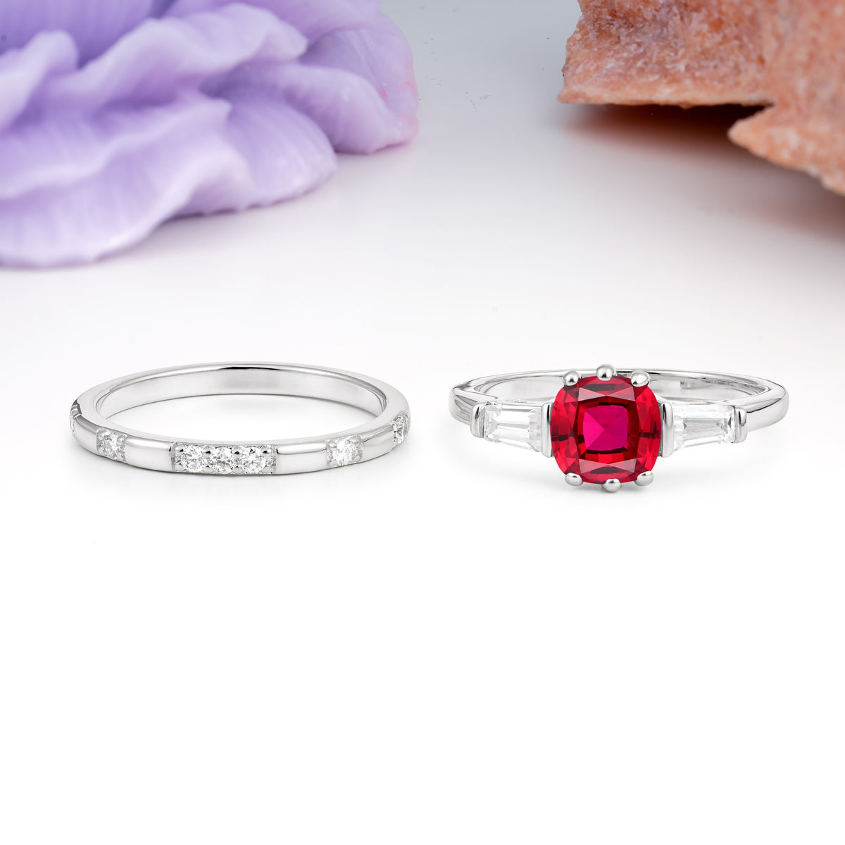 Luxurious & Minimalist 6-Prong Princess-Cut Ruby Bridal Ring Set - Additional view