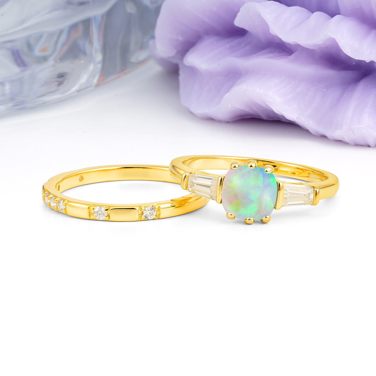 Luxurious & Minimalist 6-Prong Princess-Cut Fire Opal Bridal Ring Set - Additional view