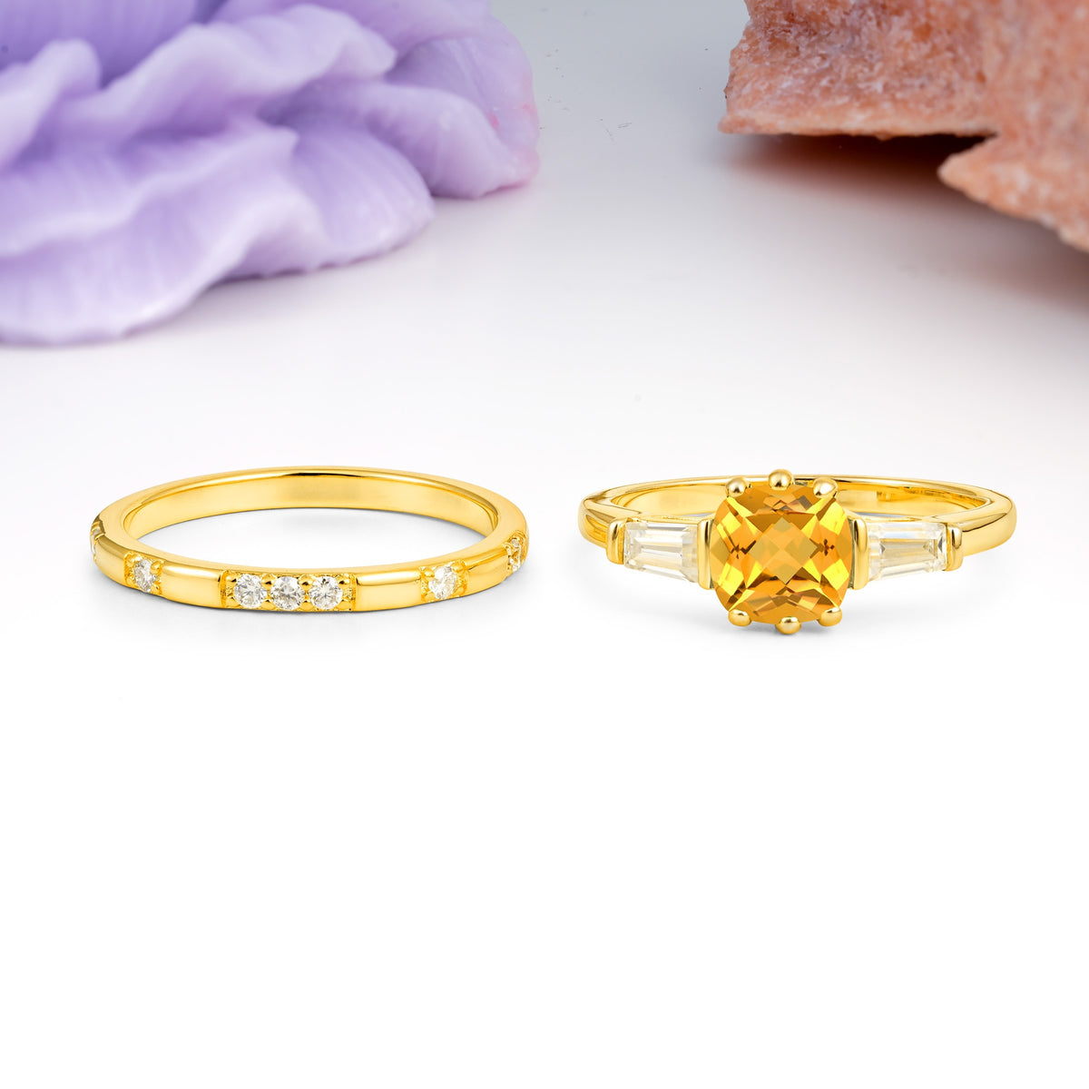 Luxurious & Minimalist 6-Prong Princess-Cut Citrine Bridal Ring Set - Additional view