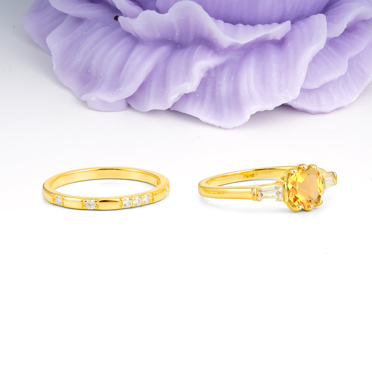 Luxurious & Minimalist 6-Prong Princess-Cut Citrine Bridal Ring Set - Additional view