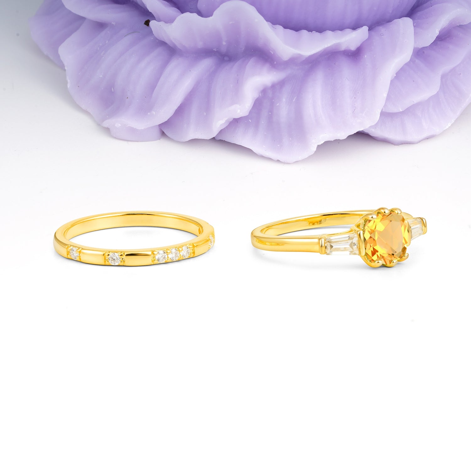 Luxurious & Minimalist 6-Prong Princess-Cut Citrine Bridal Ring Set - Additional view
