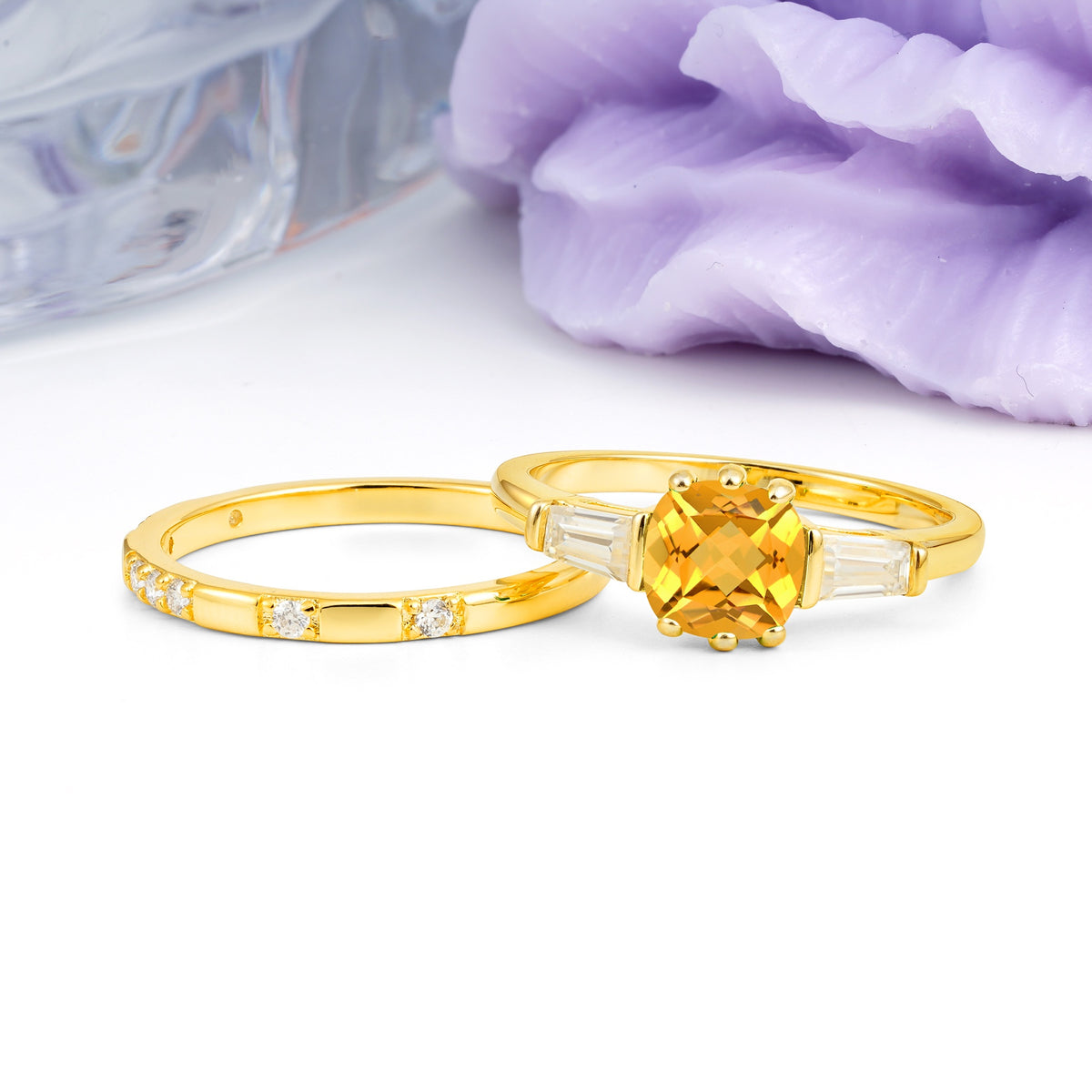 Luxurious & Minimalist 6-Prong Princess-Cut Citrine Bridal Ring Set - Additional view