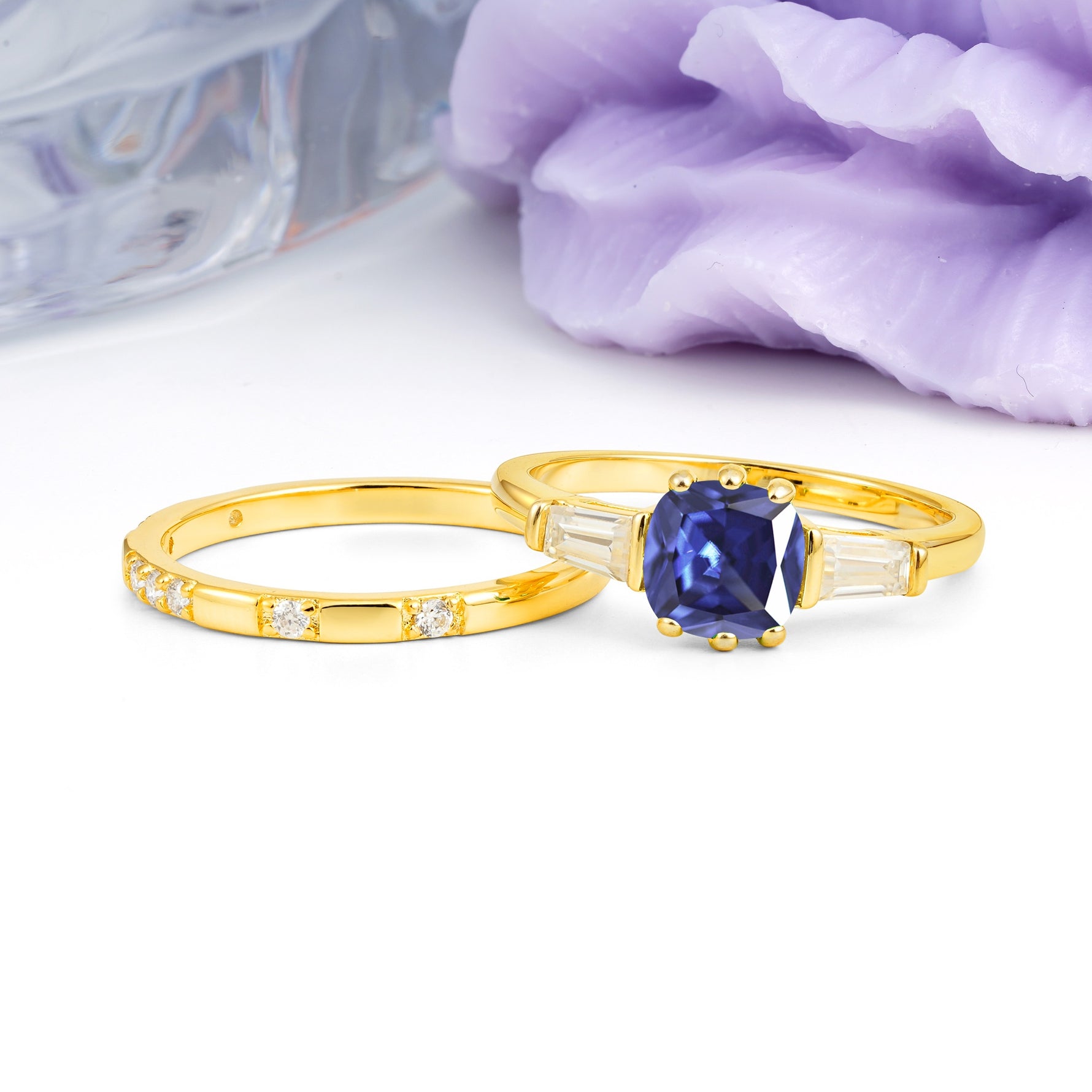 Luxurious & Minimalist 6-Prong Princess-Cut Tanzanite Bridal Ring Set - Additional view