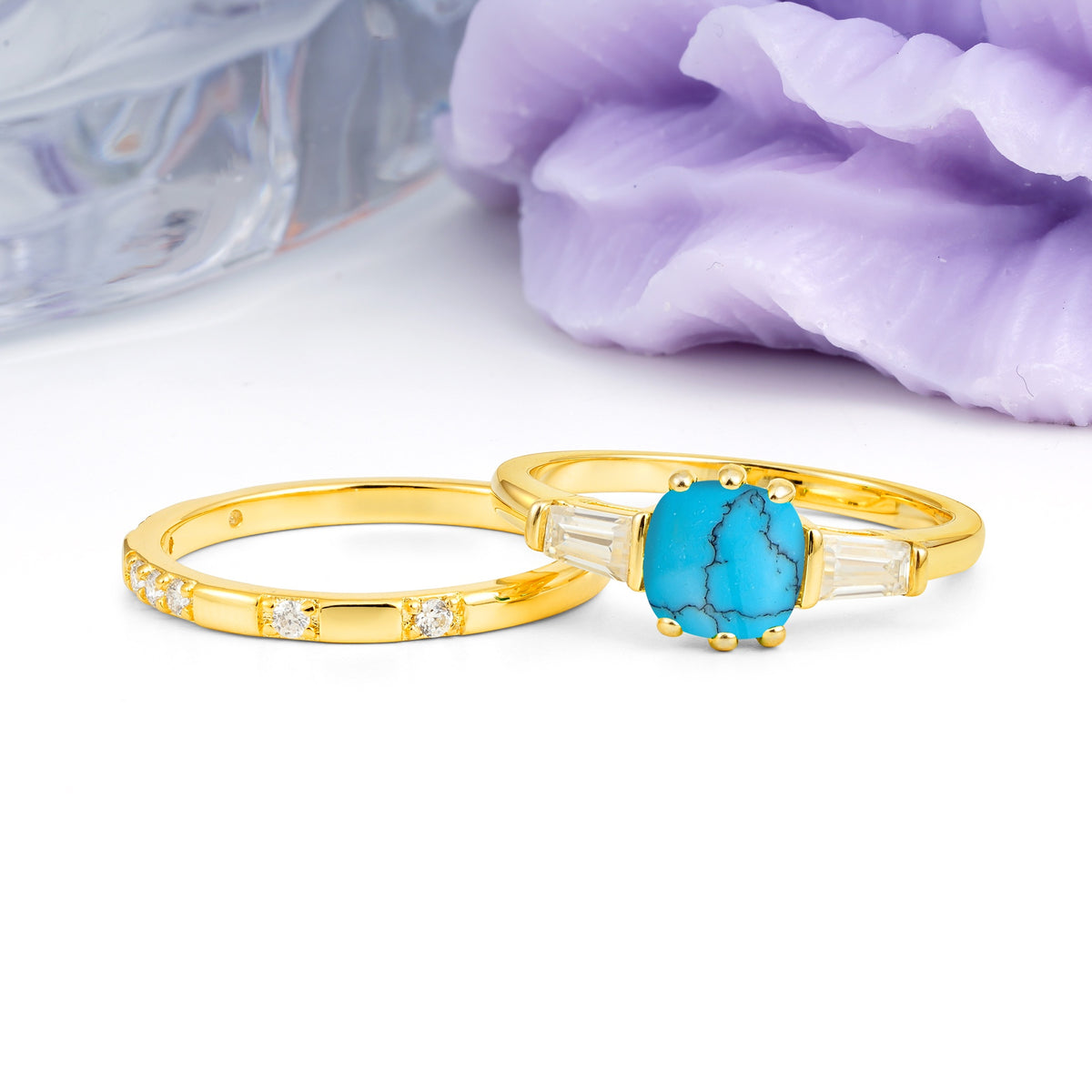 Luxurious & Minimalist 6-Prong Princess-Cut Turquoise Bridal Ring Set - Additional view