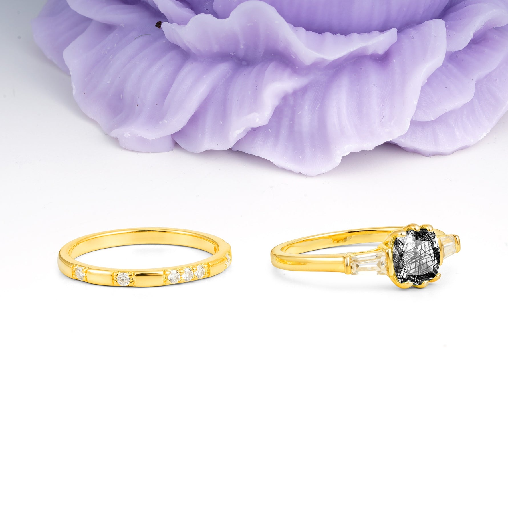 Luxurious & Minimalist 6-Prong Princess-Cut Black Rutilated Quartz Bridal Ring Set - Additional view