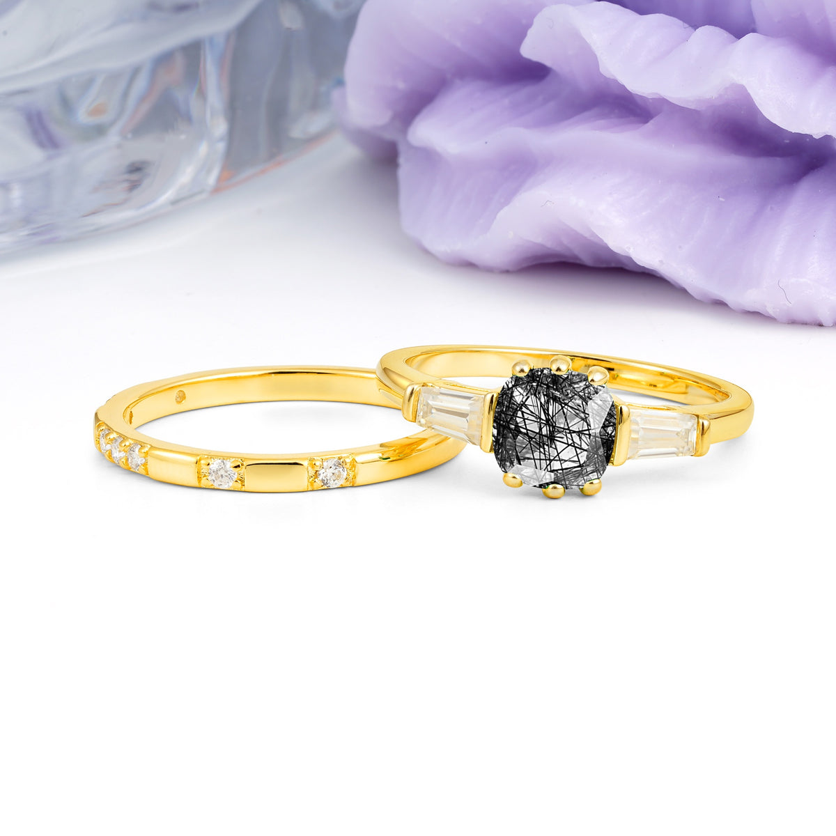 Luxurious & Minimalist 6-Prong Princess-Cut Black Rutilated Quartz Bridal Ring Set - Additional view