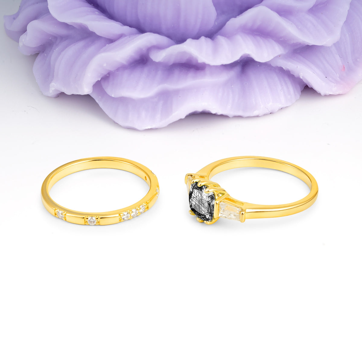 Luxurious & Minimalist 6-Prong Princess-Cut Black Rutilated Quartz Bridal Ring Set - Additional view