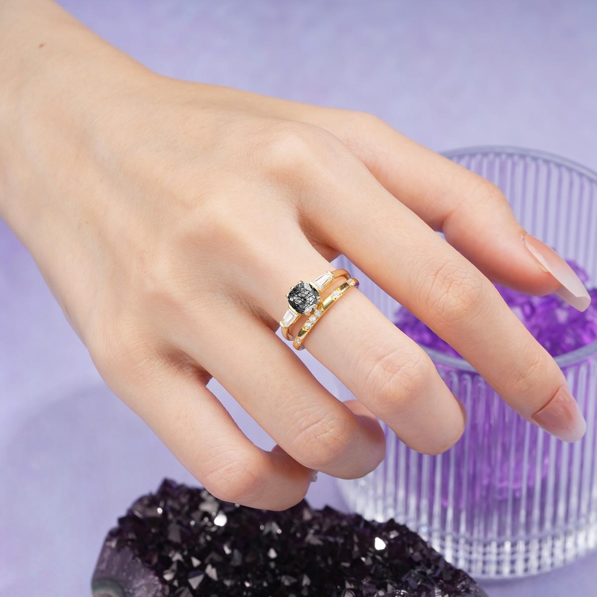 Luxurious & Minimalist 6-Prong Princess-Cut Black Rutilated Quartz Bridal Ring Set