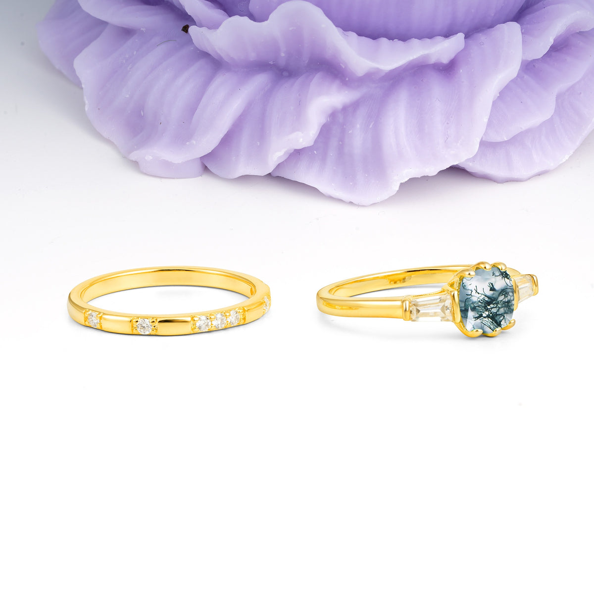 Luxurious & Minimalist 6-Prong Princess-Cut Moss Agate Bridal Ring Set - Additional view