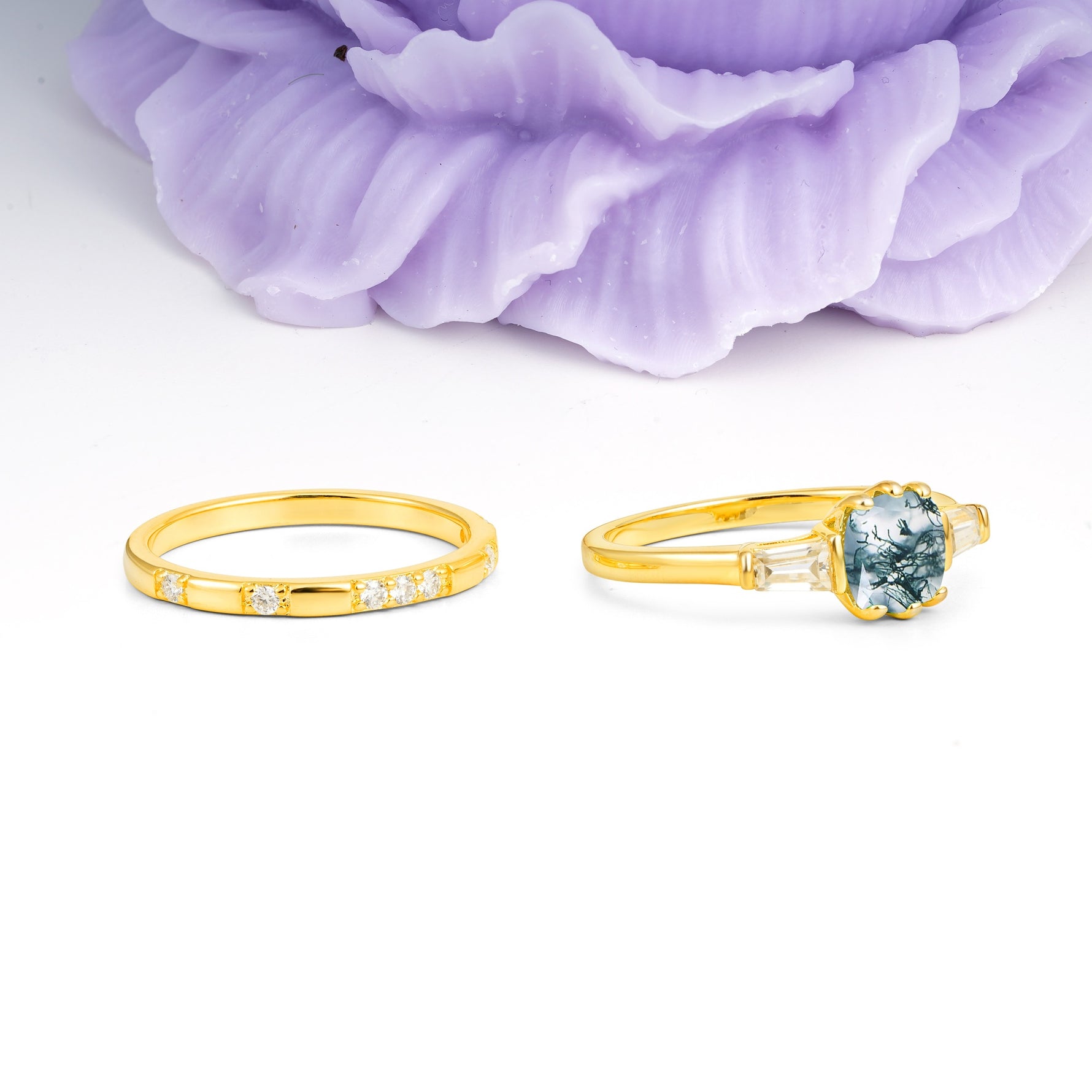 Luxurious & Minimalist 6-Prong Princess-Cut Moss Agate Bridal Ring Set - Additional view