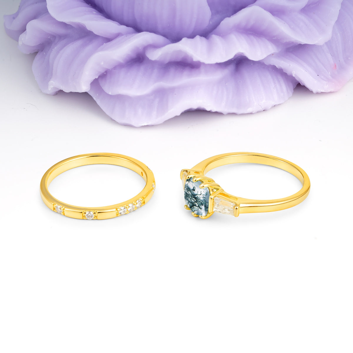 Luxurious & Minimalist 6-Prong Princess-Cut Moss Agate Bridal Ring Set - Additional view