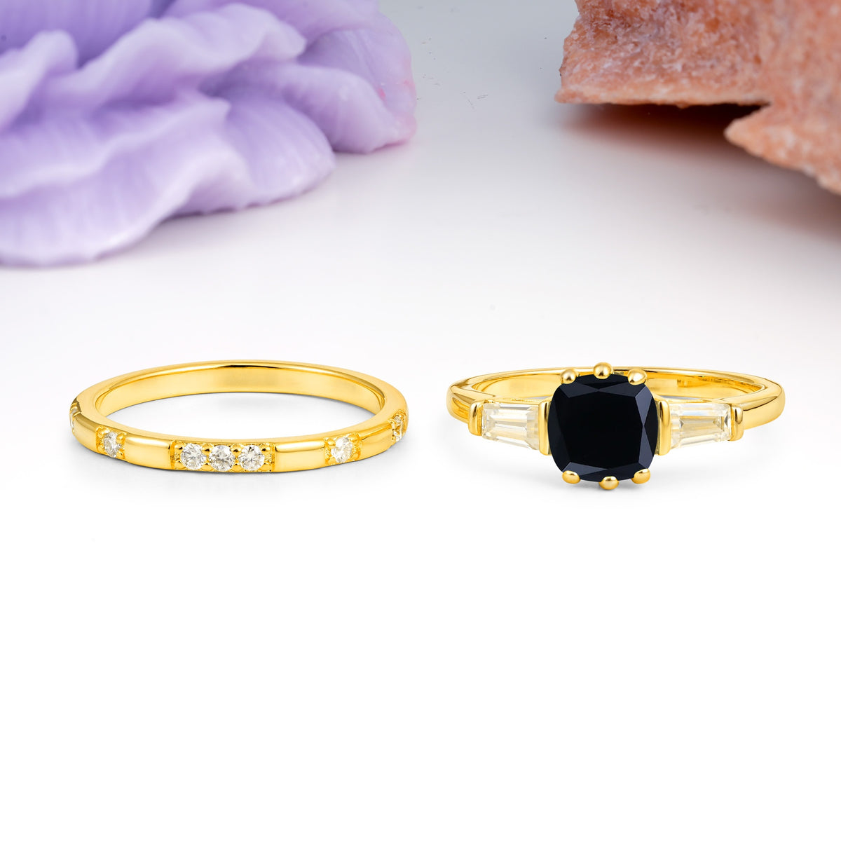 Luxurious & Minimalist 6-Prong Princess-Cut Black Onyx Bridal Ring Set - Additional view