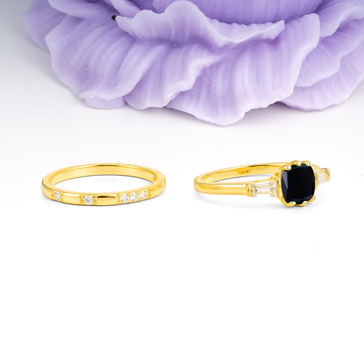 Luxurious & Minimalist 6-Prong Princess-Cut Black Onyx Bridal Ring Set - Additional view