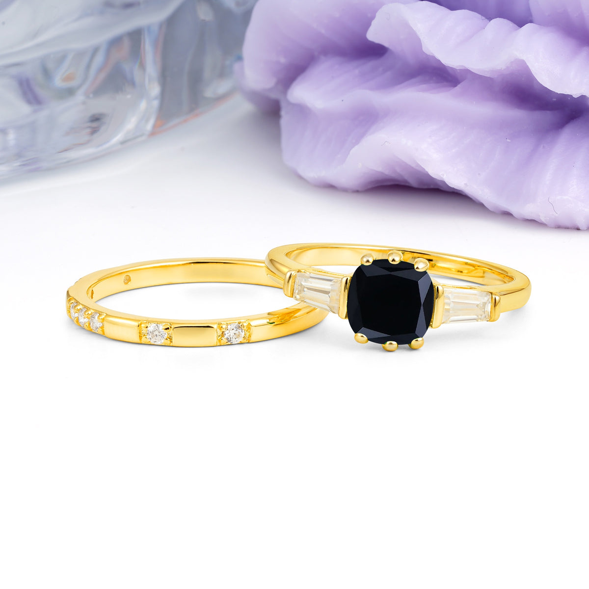 Luxurious & Minimalist 6-Prong Princess-Cut Black Onyx Bridal Ring Set - Additional view