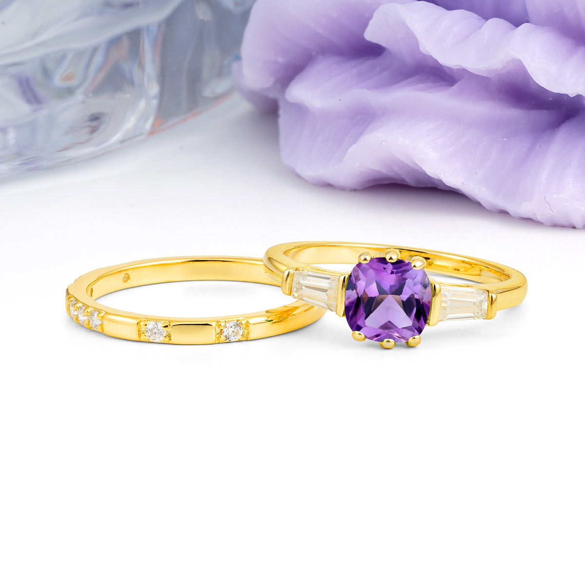 Luxurious & Minimalist 6-Prong Princess-Cut Amethyst Bridal Ring Set - Additional view
