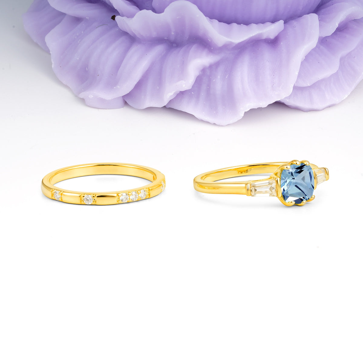 Luxurious & Minimalist 6-Prong Princess-Cut Aquamarine Bridal Ring Set - Additional view