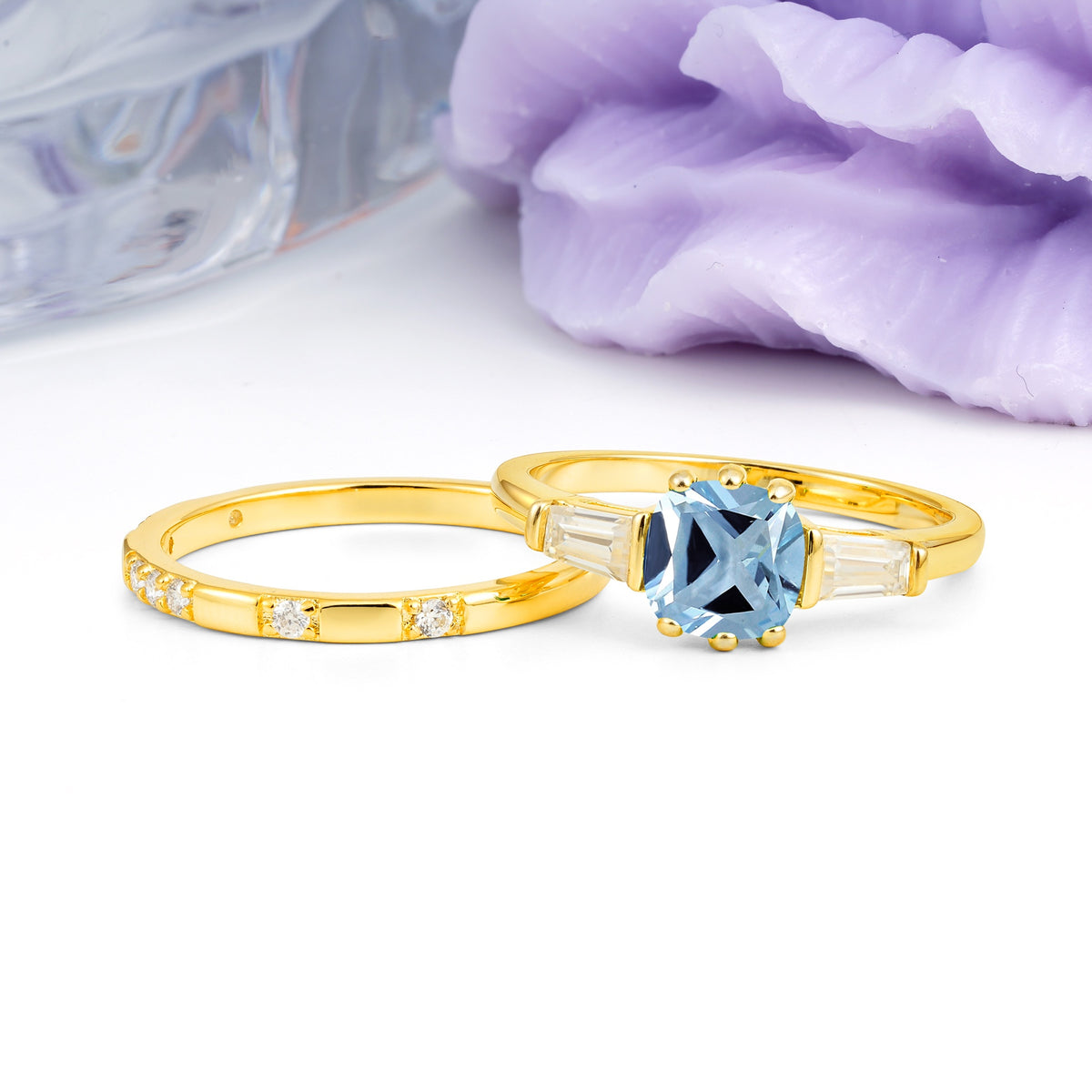 Luxurious & Minimalist 6-Prong Princess-Cut Aquamarine Bridal Ring Set - Additional view