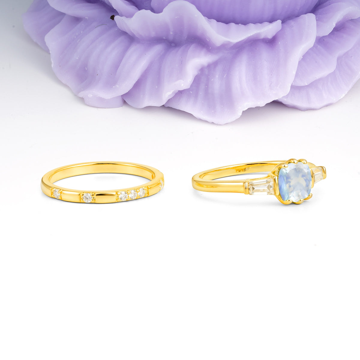 Luxurious & Minimalist 6-Prong Princess-Cut Moonstone Bridal Ring Set - Additional view